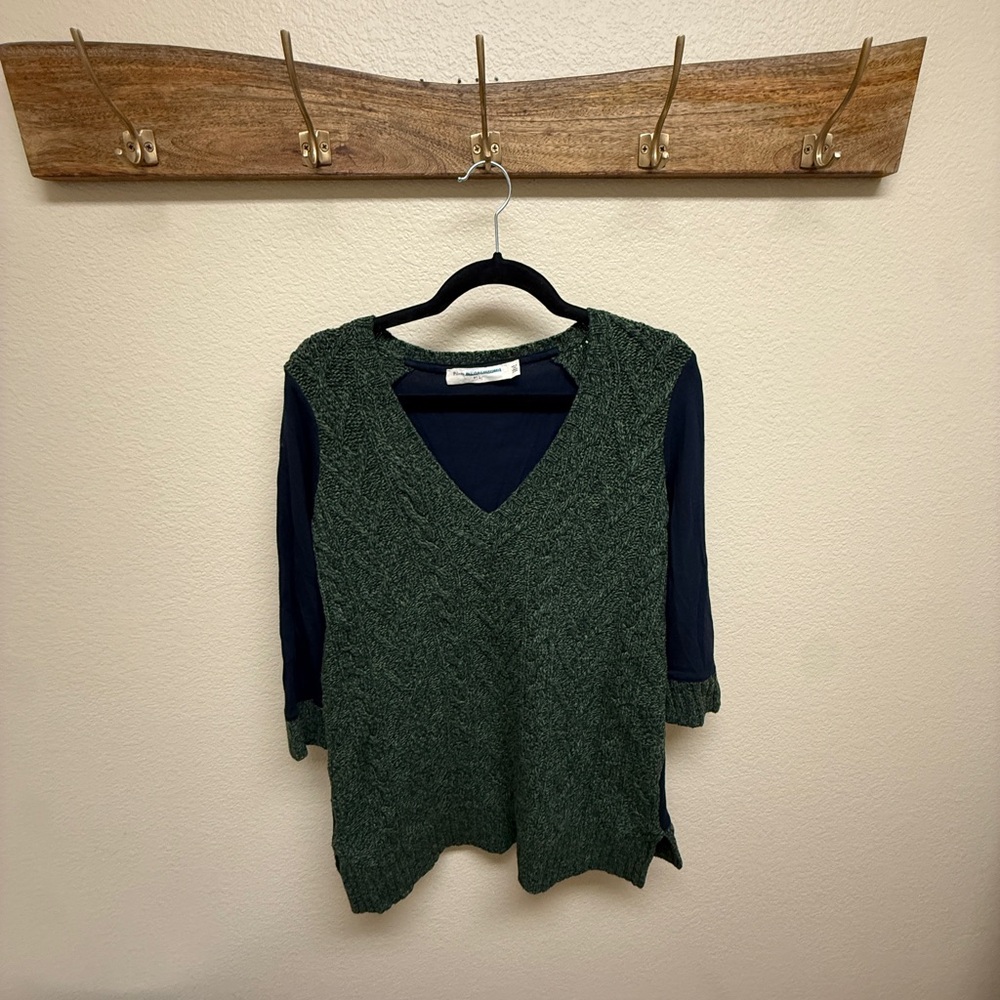 Pilcro Green V-Neck Layered Pullover with Navy Sleeves
